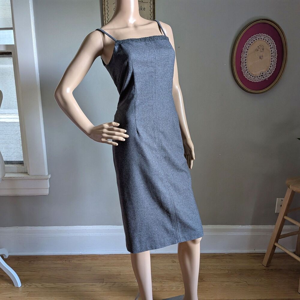 Vintage Y2K Tristan & Iseut Wool Shift Dress Midi Gray Autumn Size 2